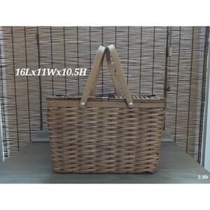 Vintage Leather Strap Split Lid Double Handle Woven Wicker Large Picnic Basket